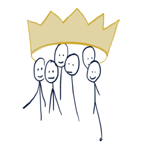 Gruppe von Menschen unter einer gemeinsam getragenen Krone als Illustration kollektiver Führung in der Soziokratie. Strichzeichnung.