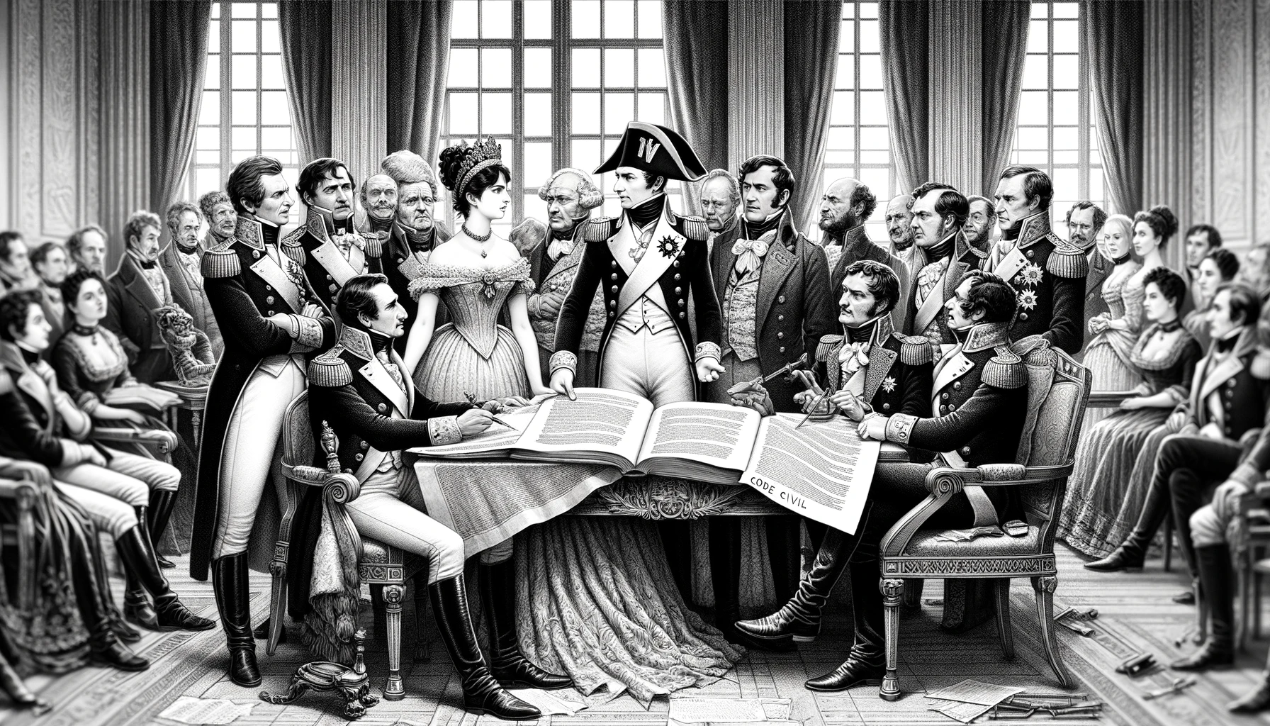 Künstlich-künstlerische Darstellung in schwarzer Tusche einer Gruppe historischer Figuren rund um Napoleon, Josephine und den Code civil des Français als Einführung der Idee gleicher Rechte für alle.