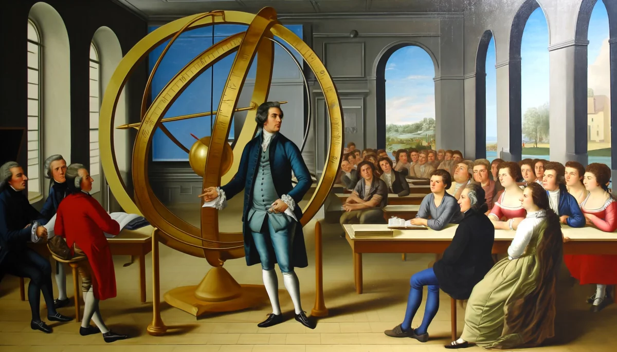 Generierte Imitation eines Ölgemäldes zeigt einen Dozenten wie Kant vor seiner Klasse neben einer grossen Armillarsphäre.