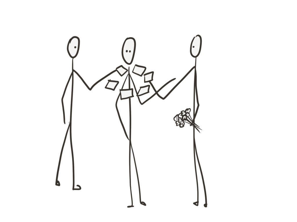 Strichzeichung mit drei Figuren. Die mittlere wird von einem Kranz von Zettelchen umkreist, der ihre soziokratische Wahl symbolisiert.